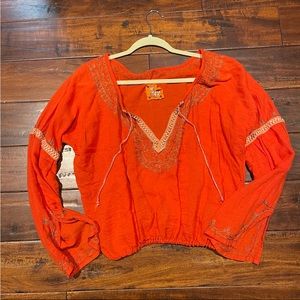 Free People Orange Embroidered Blouse